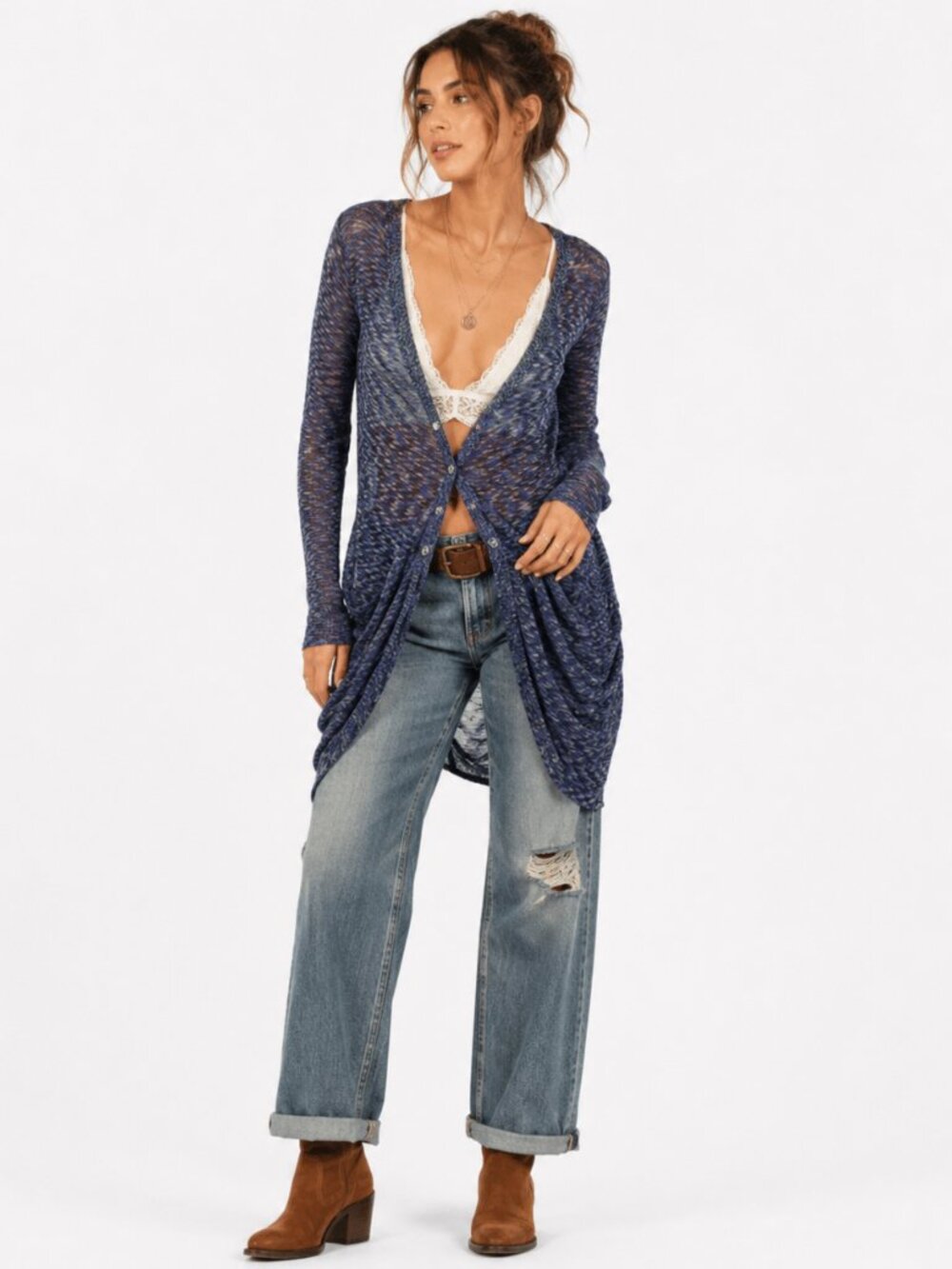 Free People Cardigan Womens S Blue Space Dye Sheer Longline Duster Boho Layering